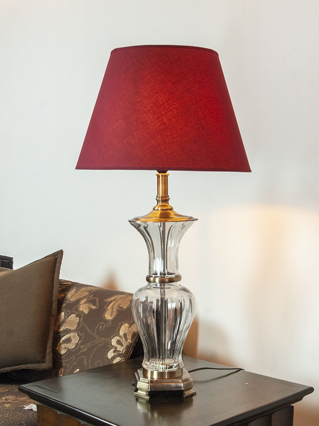THE LIGHT STORE Gold-Toned & Red Self Design Bedside Standard Table Lamp with Shade Price in India