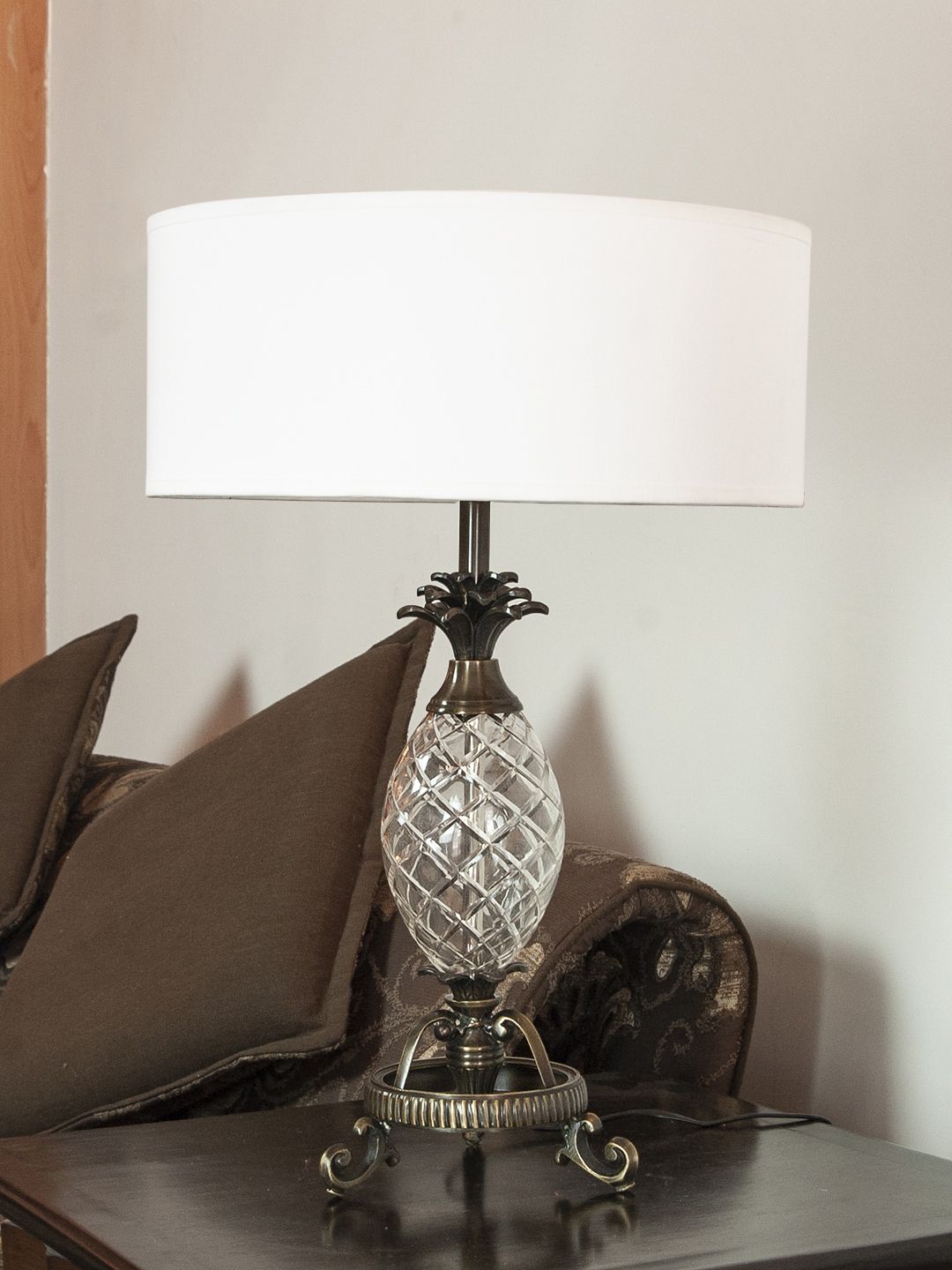 THE LIGHT STORE Gold-Toned & Off-White Self Design Bedside Table Lamp with Shade Price in India