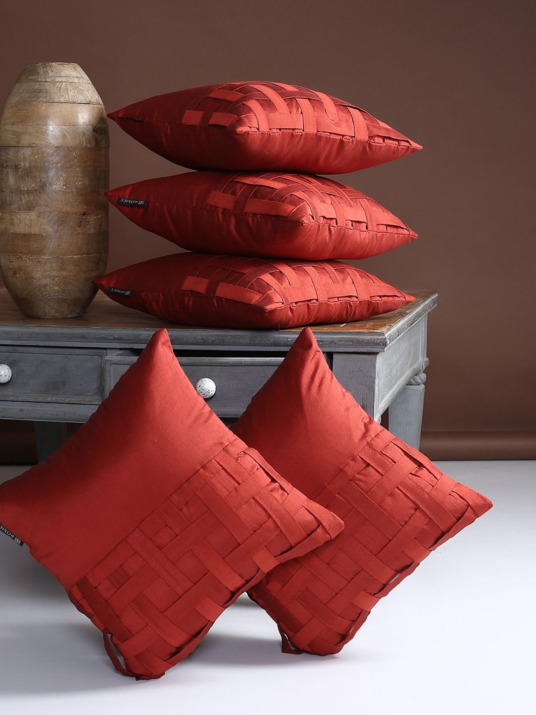 ROMEE Red Set of 5 Self Design Square Cushion Covers Price in India