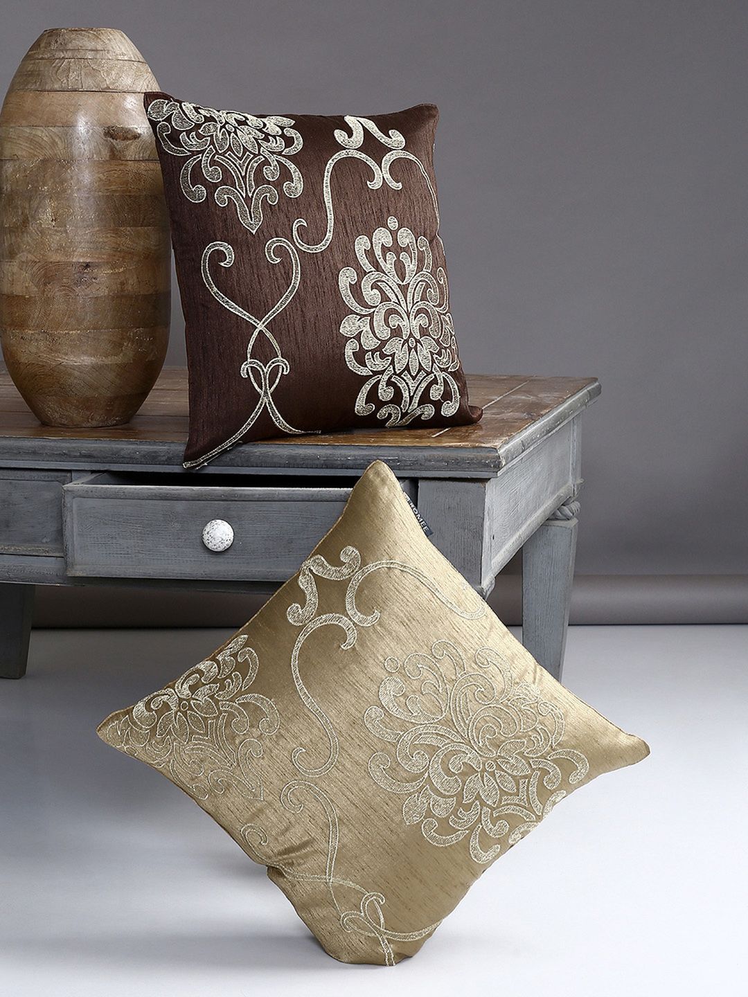 ROMEE Beige Set of 2 Ethnic Motifs Square Cushion Covers Price in India