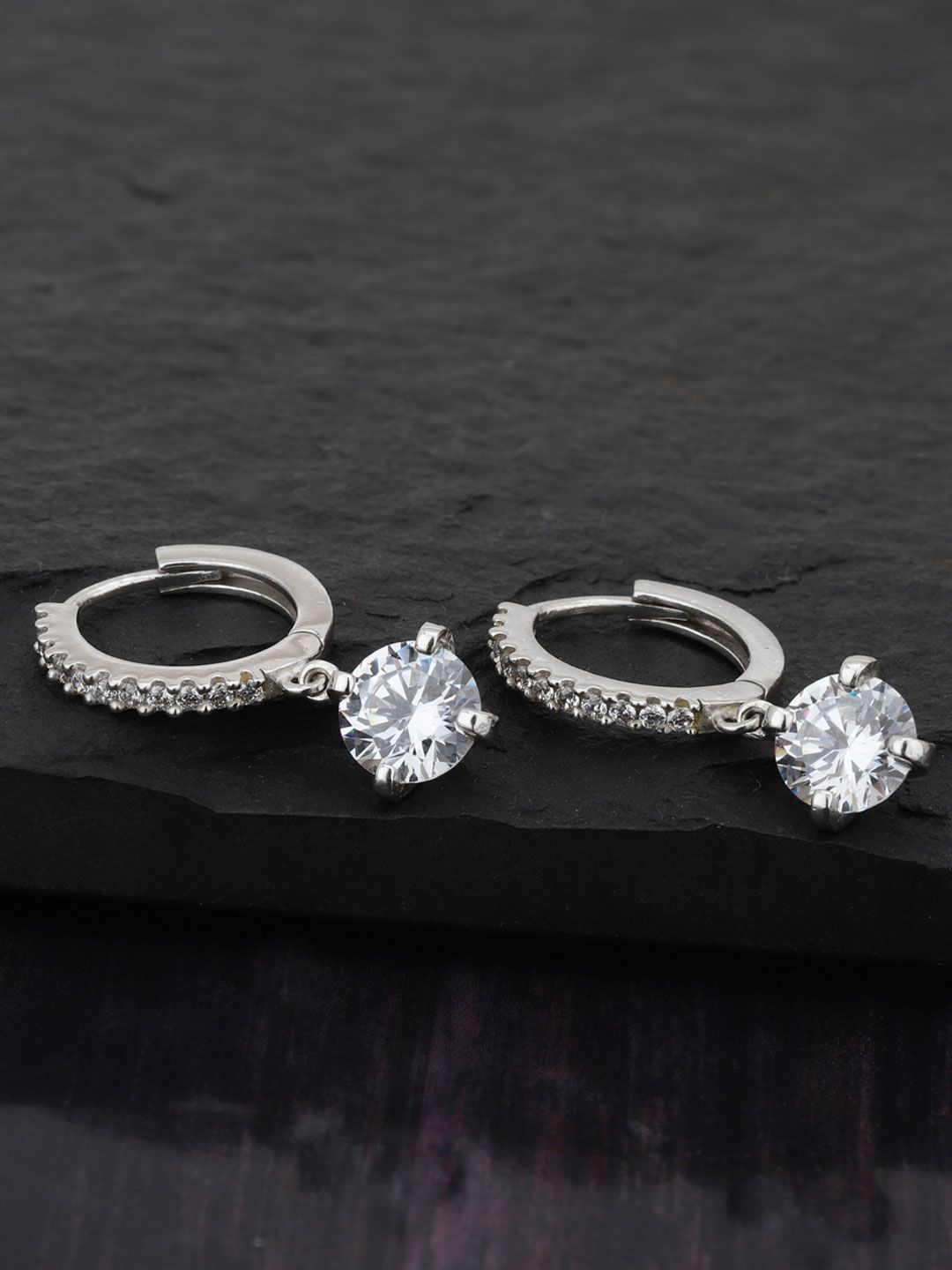 Carlton London Silver-Toned Rhodium-Plated CZ Stone Hoop Earrings Price in India