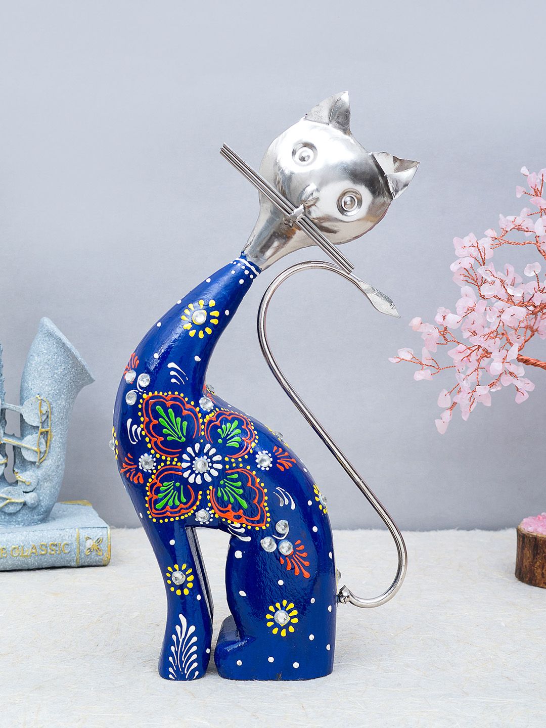 Golden Peacock Blue Handcrafted Cat-Shaped Showpiece Price in India