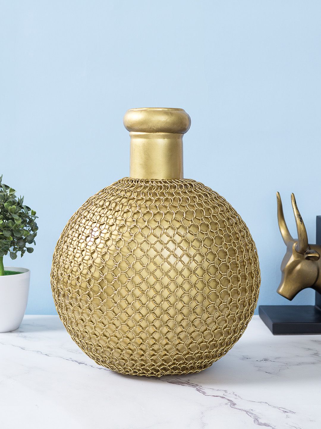 Golden Peacock Gold-Toned Handcrafted Medium Pot Showpiece Price in India