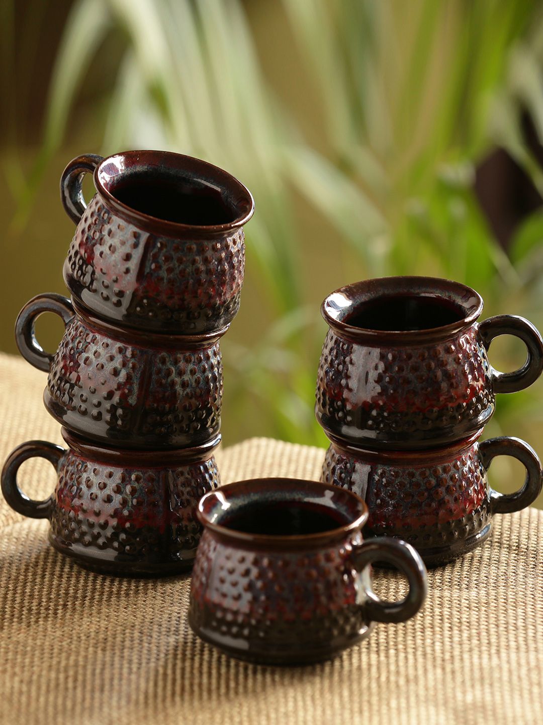 ExclusiveLane Set of 6 Black Solid Dimples of Crimson Hand Glazed Tea & Coffee Cups Price in India