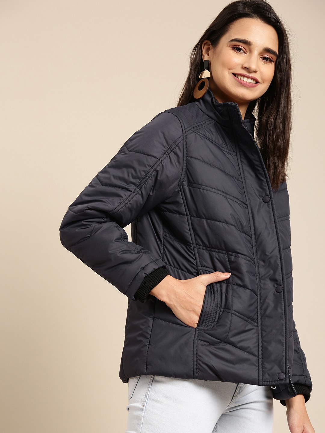 DressBerry Women Navy Blue Solid Quilted Jacket Price in India