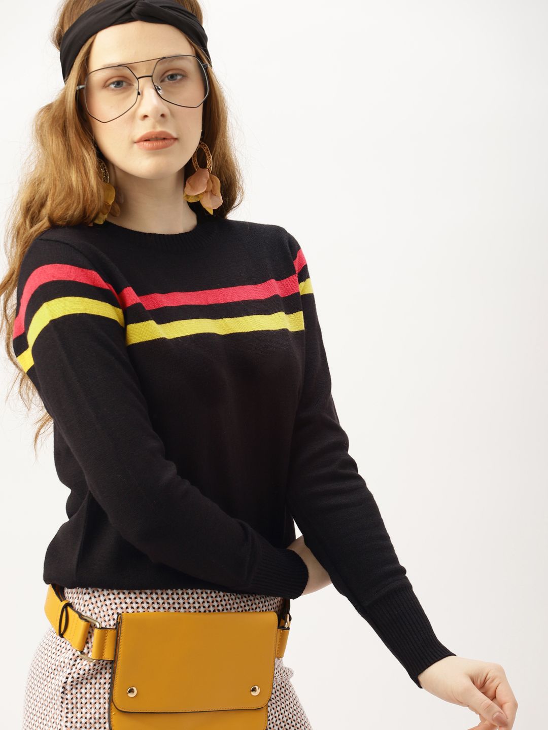 DressBerry Women Black & Mustard Yellow Striped Pullover Sweater Price in India