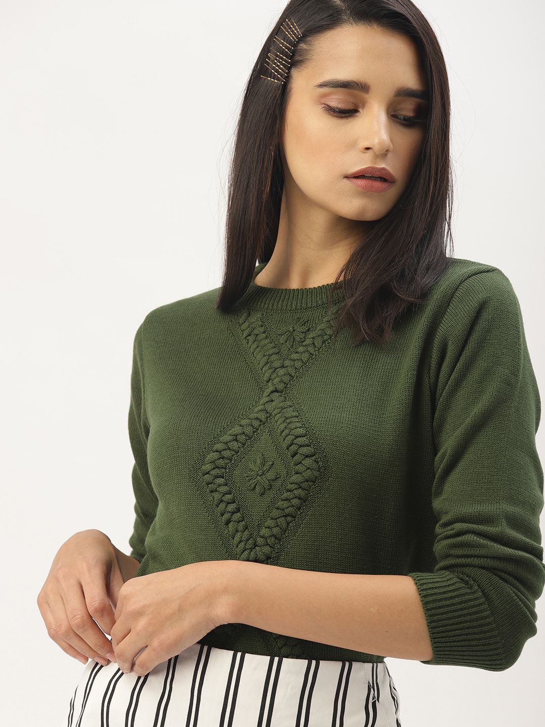 DressBerry Women Olive Green Self-Design Sweater Price in India