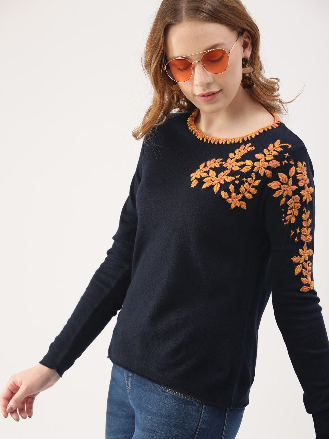 DressBerry Women Navy Blue Woven Design Sweater Price in India