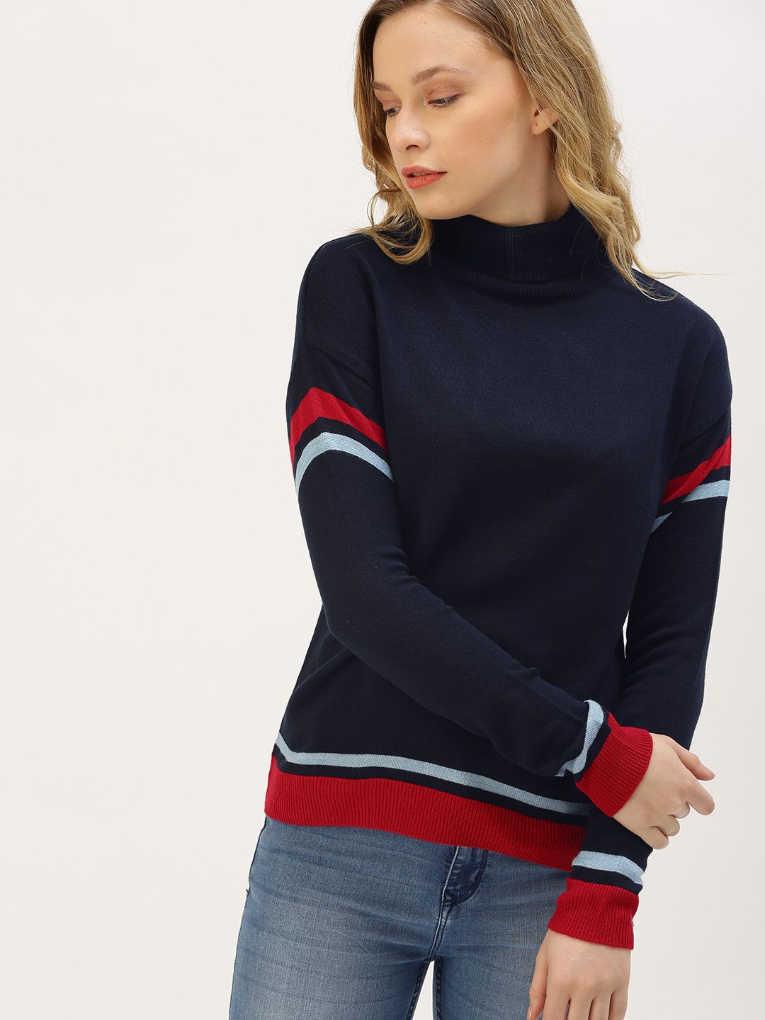 DressBerry Women Navy Blue Solid Sweater Price in India