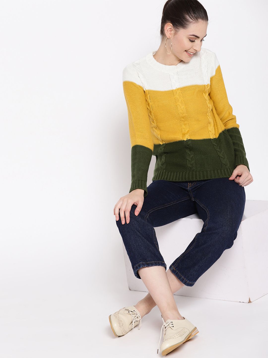 DressBerry Women Mustard Yellow & Olive Green Colourblocked Sweater Price in India