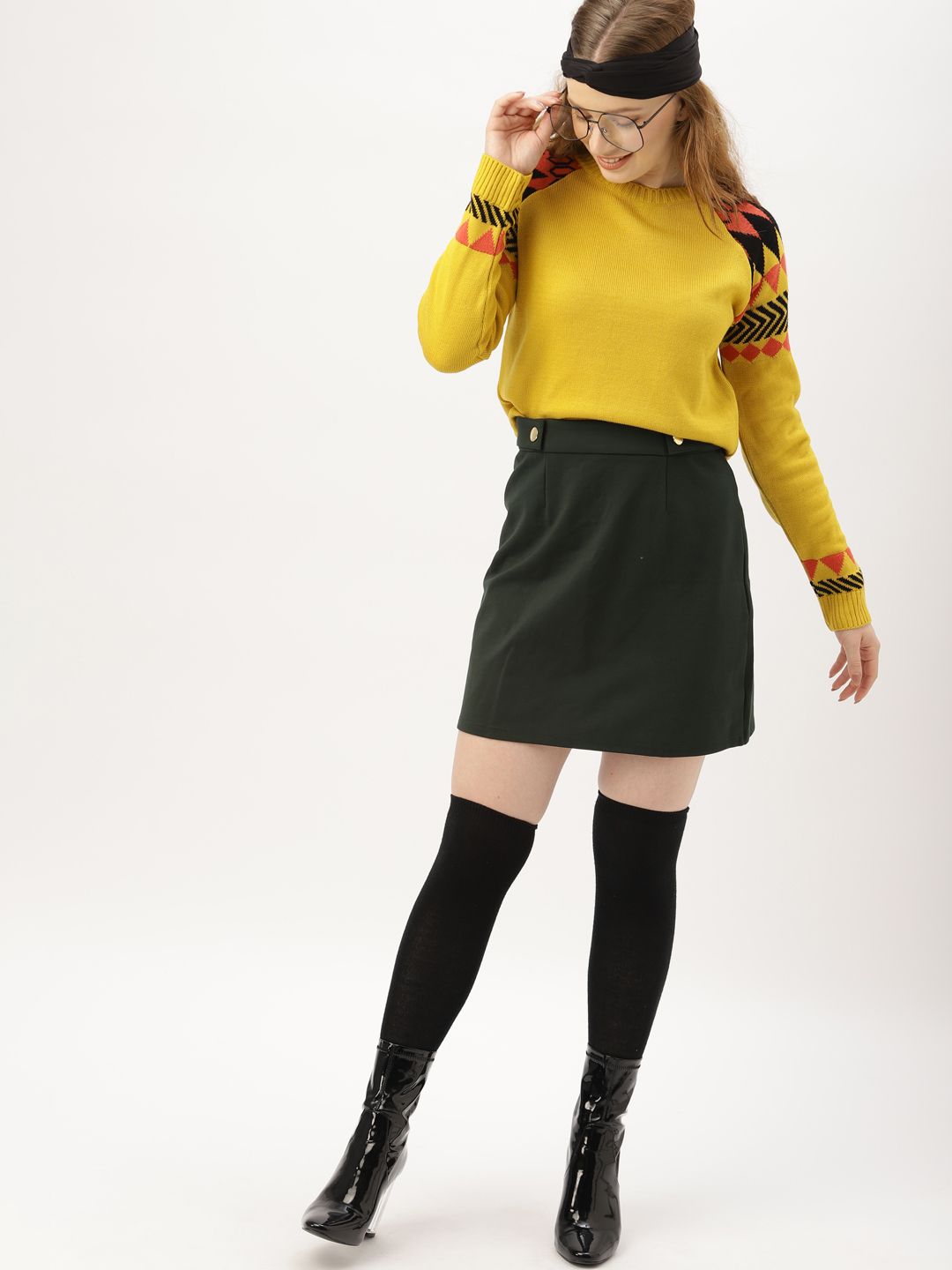 DressBerry Women Mustard Yellow & Black Self Design Pullover Sweater Price in India