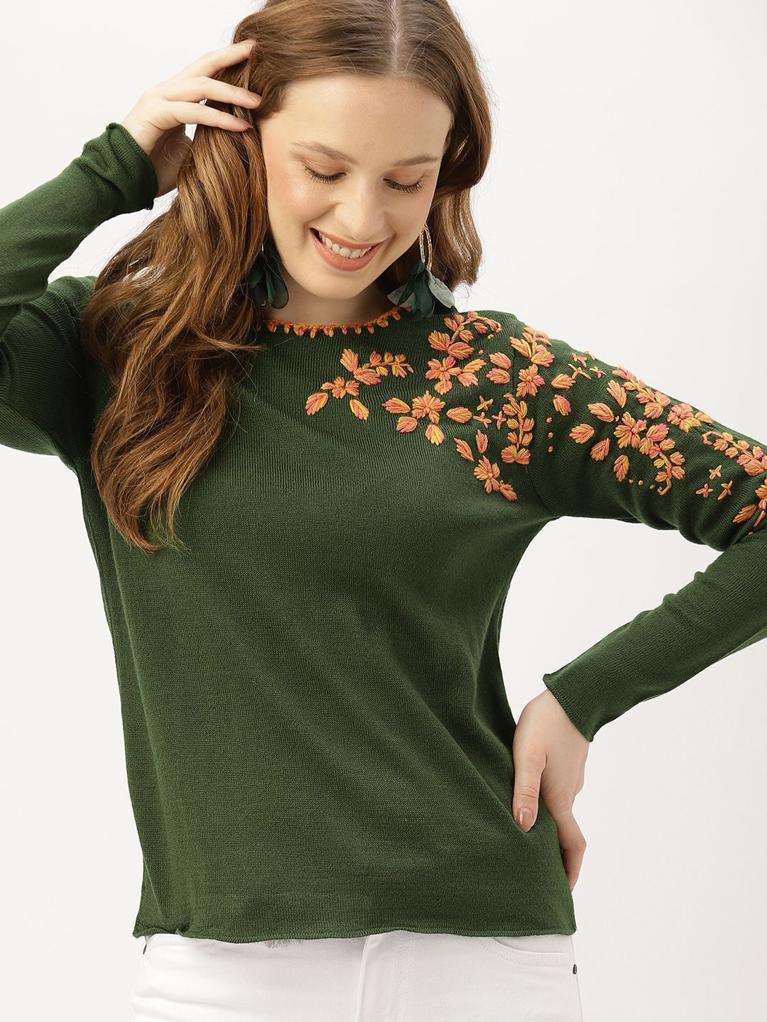 DressBerry Women Olive Green & Peach-Coloured Embroidered Pullover Sweater  - Price History