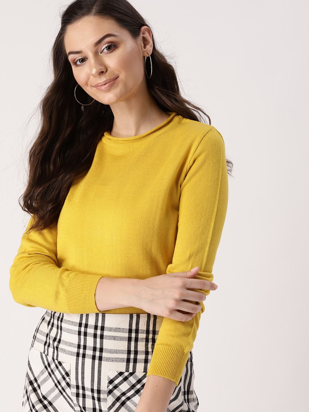 DressBerry Women Mustard Yellow Solid Sweater Price in India