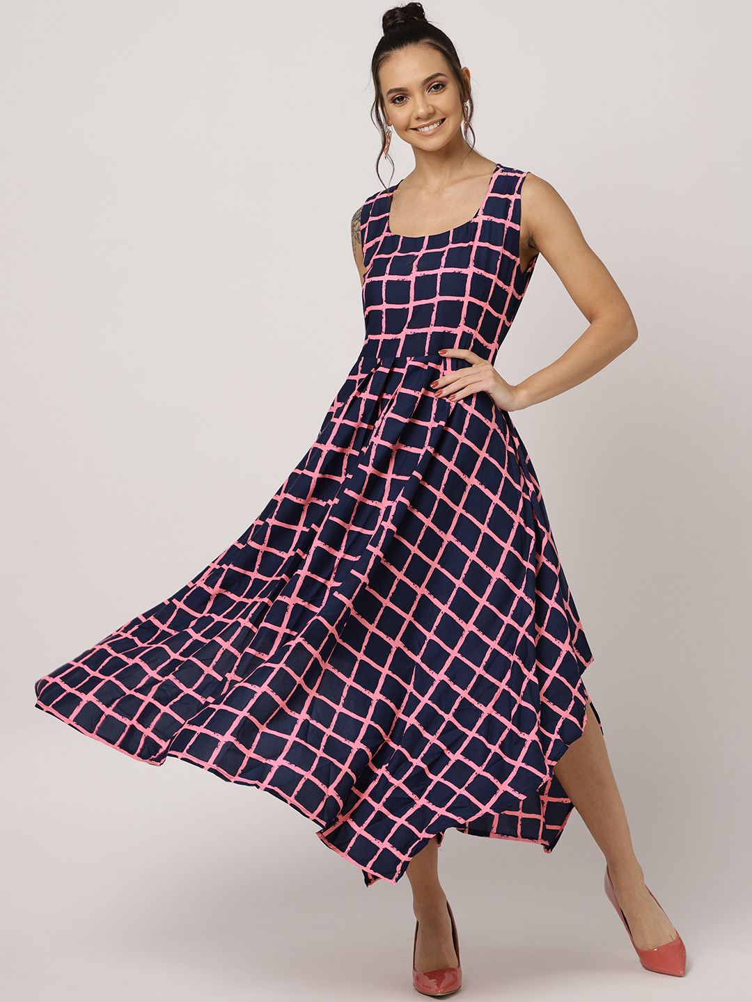 MBE Women Navy Blue & Pink Checked Maxi Dress Price in India
