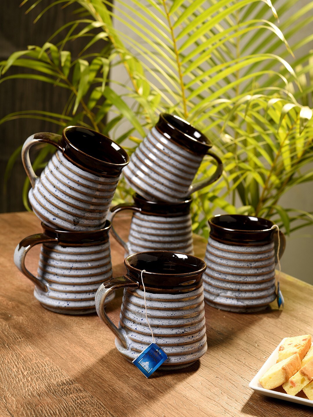 Unravel India Set of 6 Off-White & Brown Ceramic Coffee Mugs Price in India