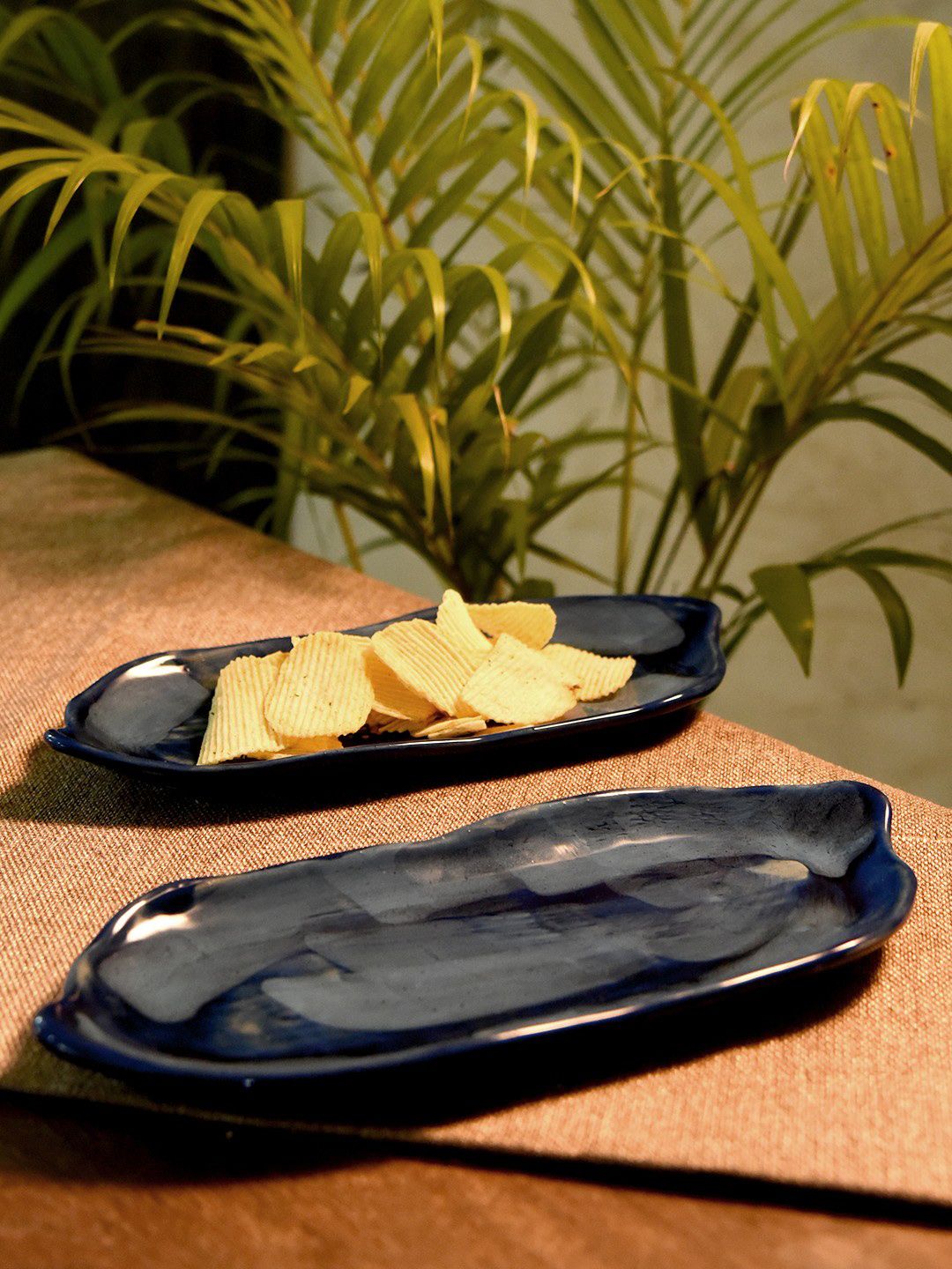 Unravel India Set of 2 Blue Ceramic Serving Platters Price in India