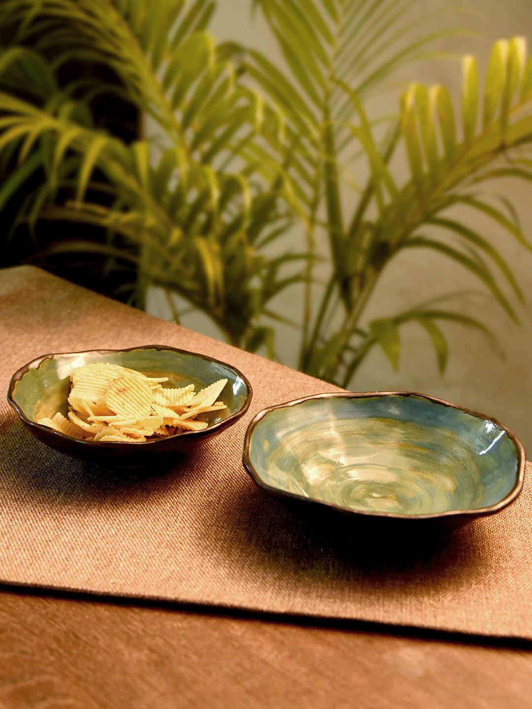 Unravel India Set of 2 Green Ceramic Serving Platters Price in India