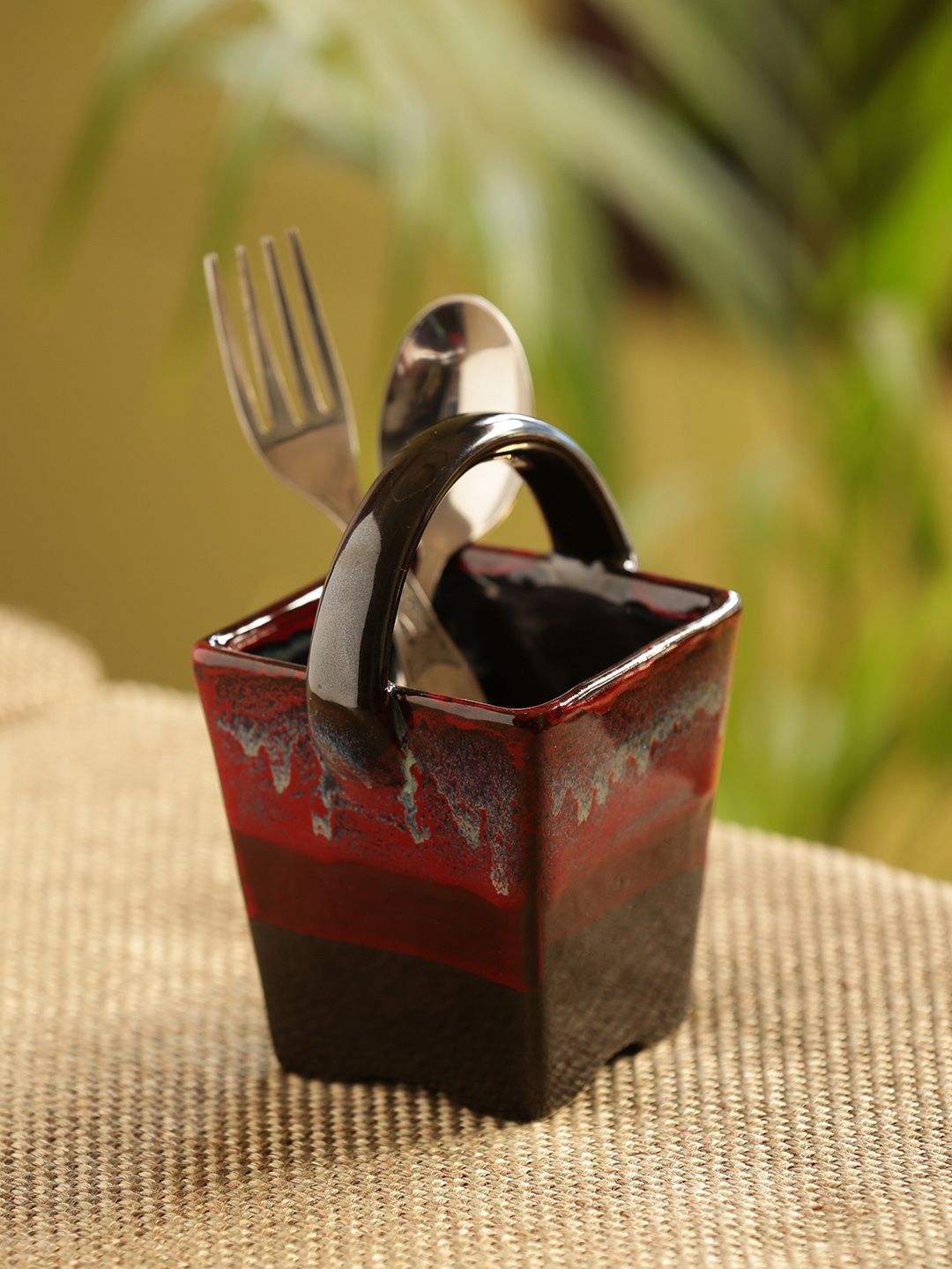 ExclusiveLane Maroon Bucket of Lava Hand Glazed Studio Pottery Ceramic Cutlery Holder Price in India