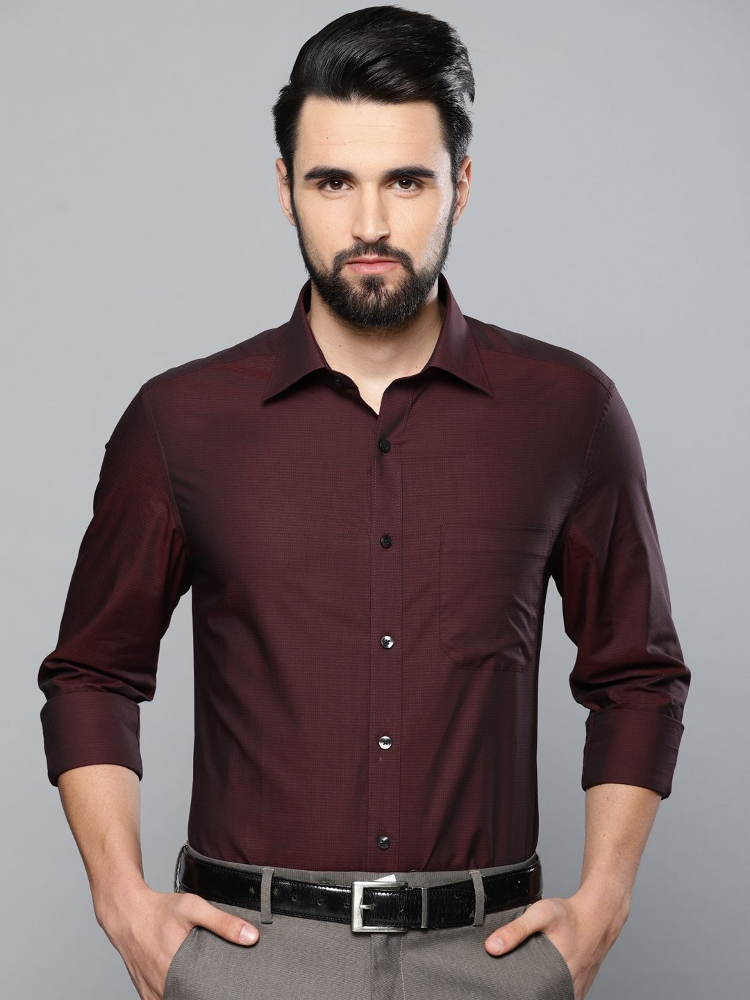 burgundy shirt brown pants