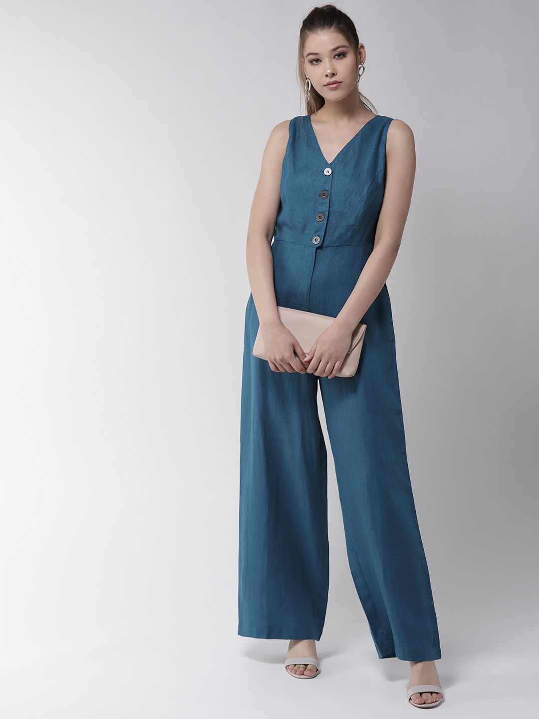 20Dresses Teal Blue Linen Solid Basic Jumpsuit Price in India