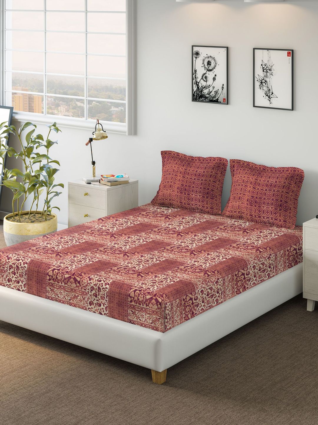 DDecor Red Printed Double Bed Cover with 2 Pillow Covers Price in India