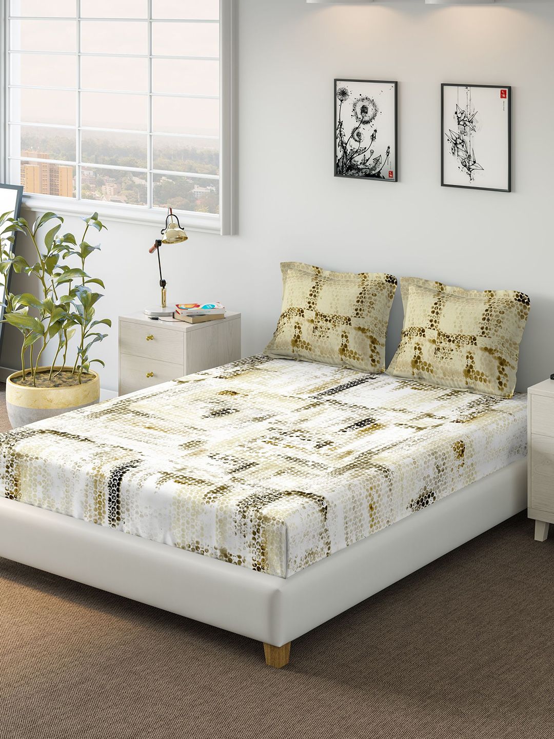 DDecor Brown Printed Double Bed Cover with 2 Pillow Covers Price in India