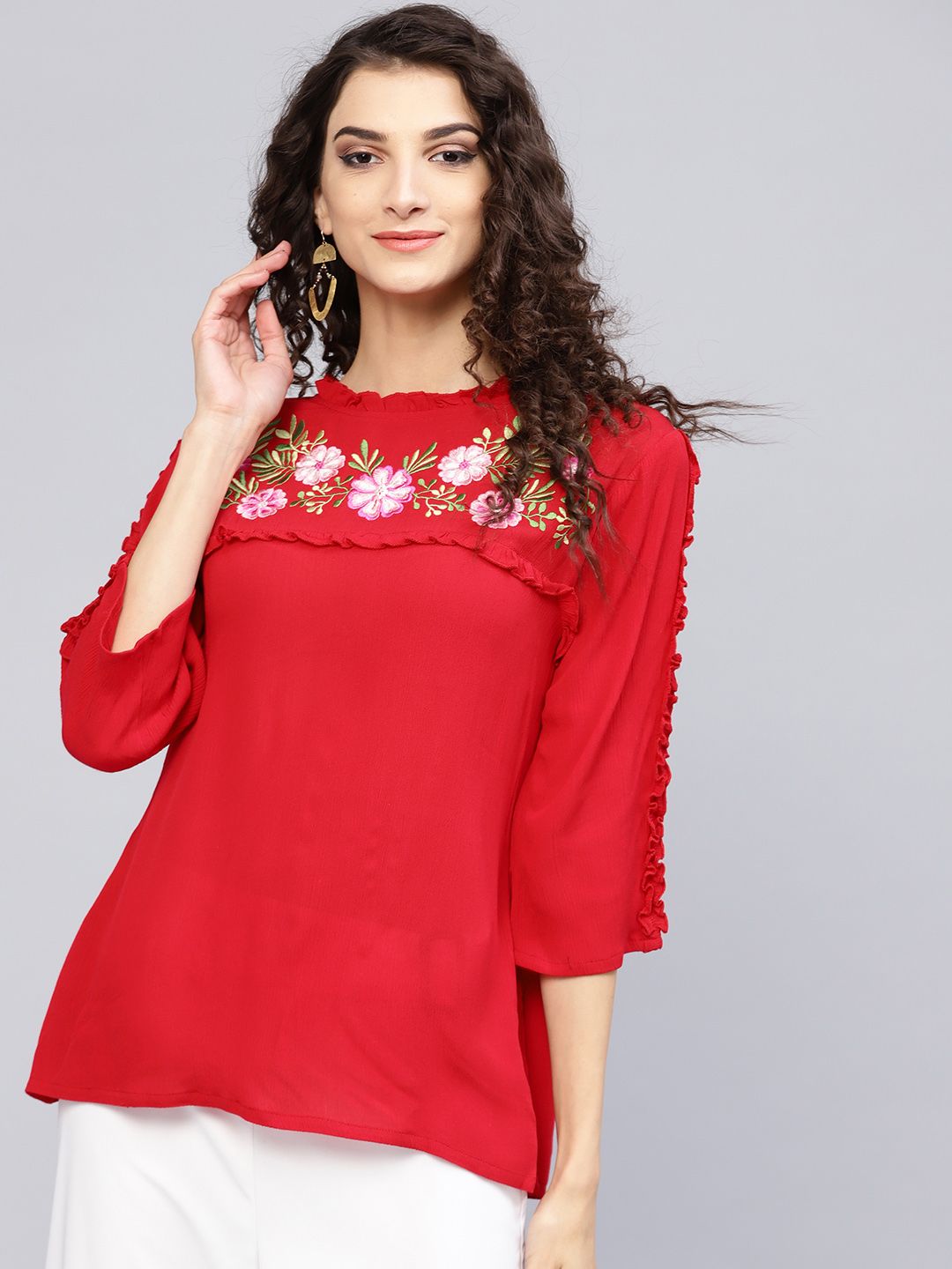 Bhama Couture Women Red Solid A-Line Pure Cotton Top