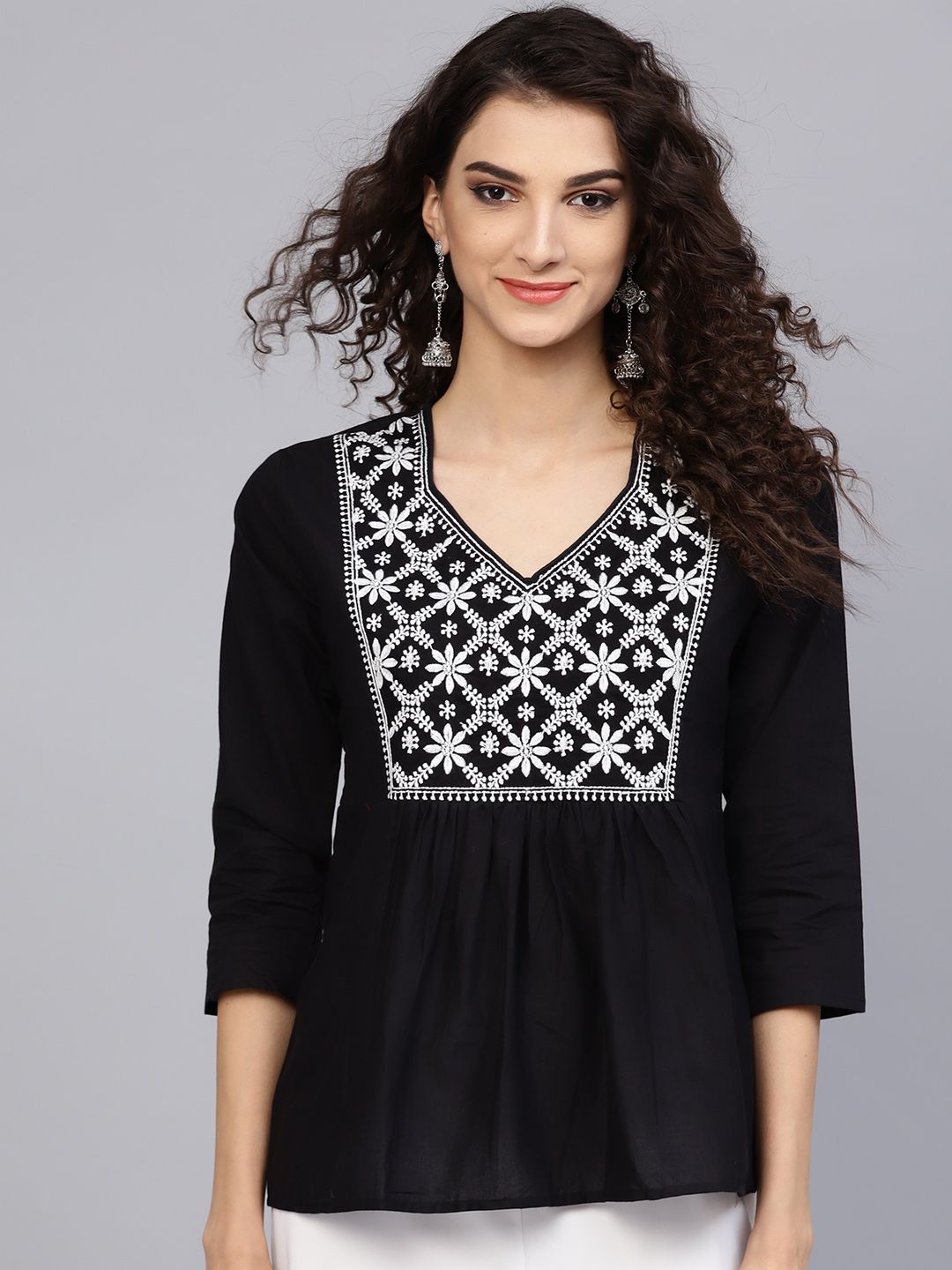 Bhama Couture Black Embroidered A-Line Pure Cotton Top Price in India