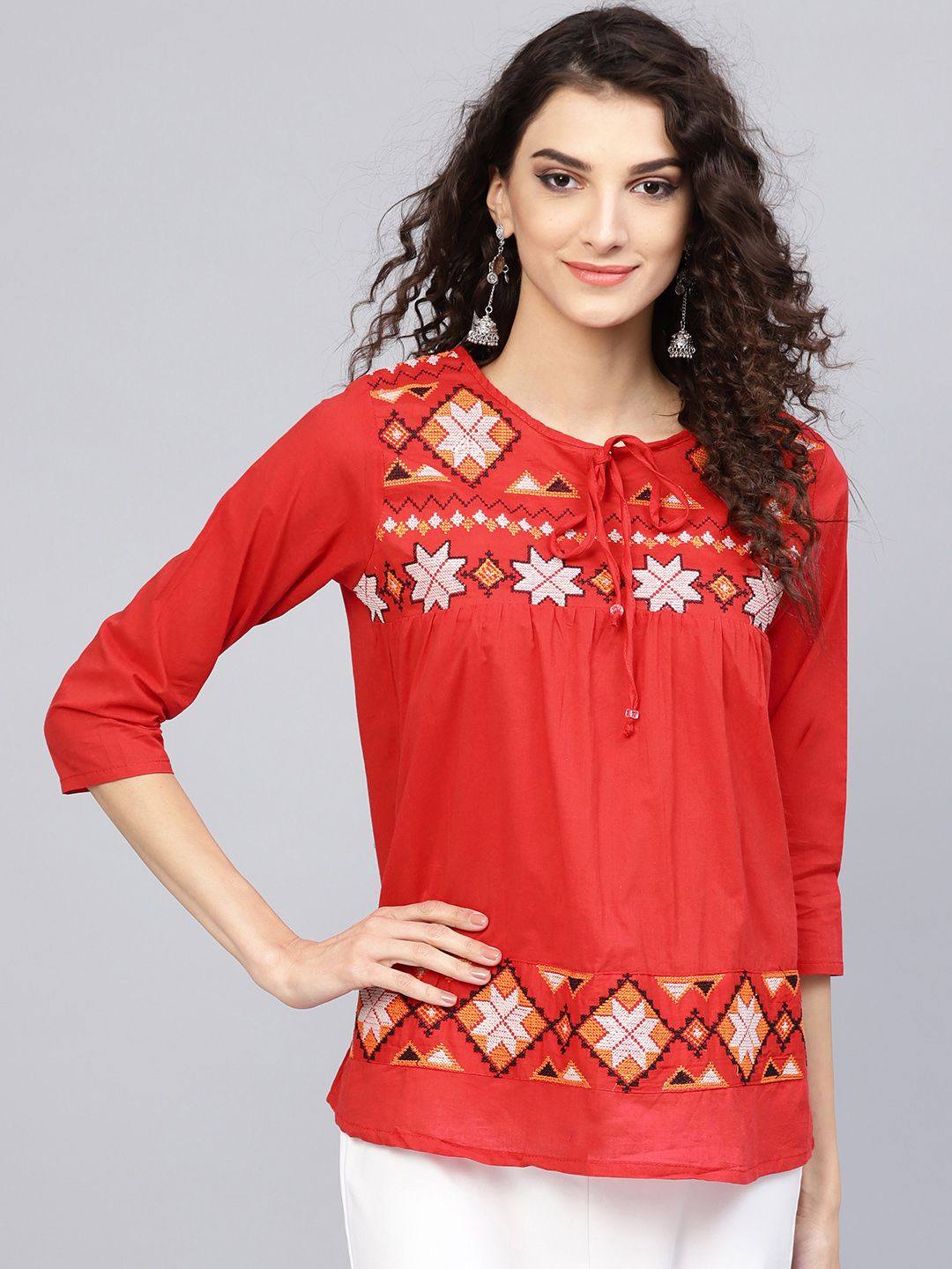 Bhama Couture Women Red Embroidered Pure Cotton Top