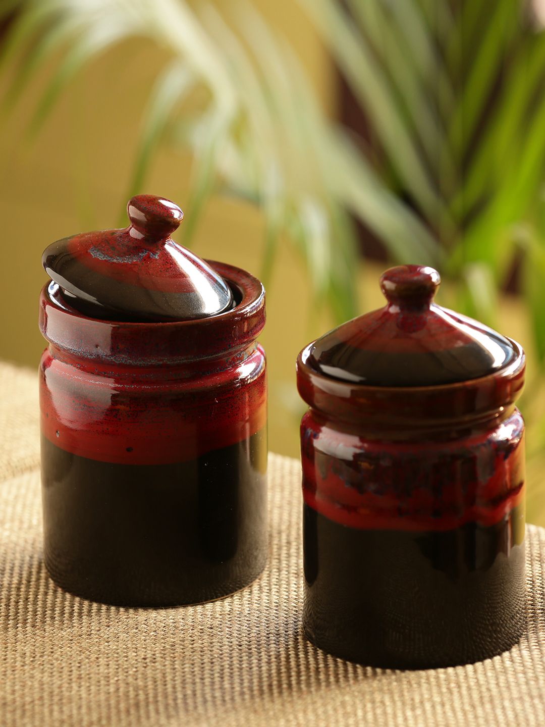 ExclusiveLane Set of 2 Brown & Red Magma Echoing Hand Glazed Ceramic Jars Price in India