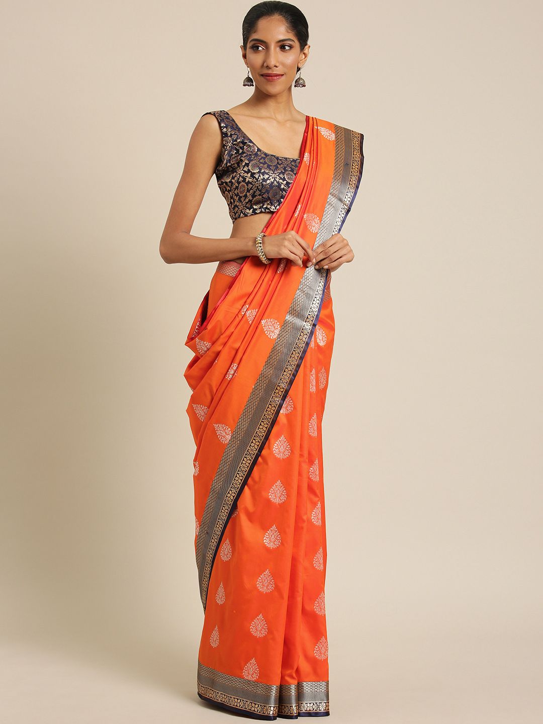 Varkala Silk Sarees Orange & Navy Blue Woven Design Banarasi Saree Price in India