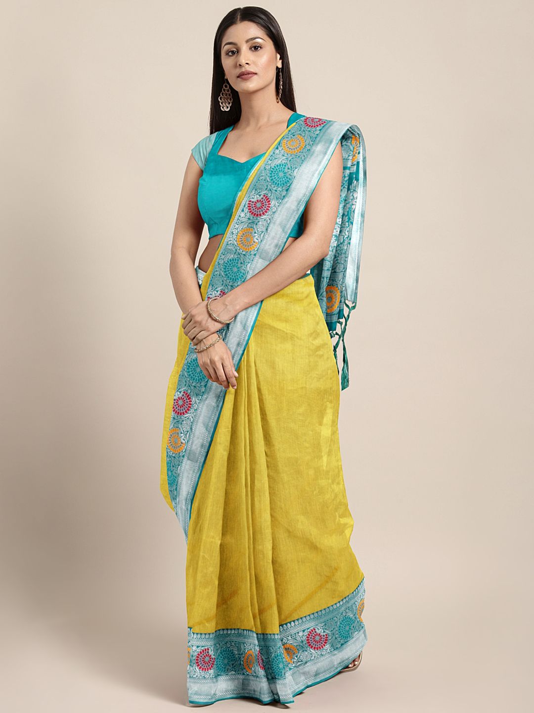 Varkala Silk Sarees Yellow & Teal Green Silk Cotton Solid Banarasi Saree Price in India