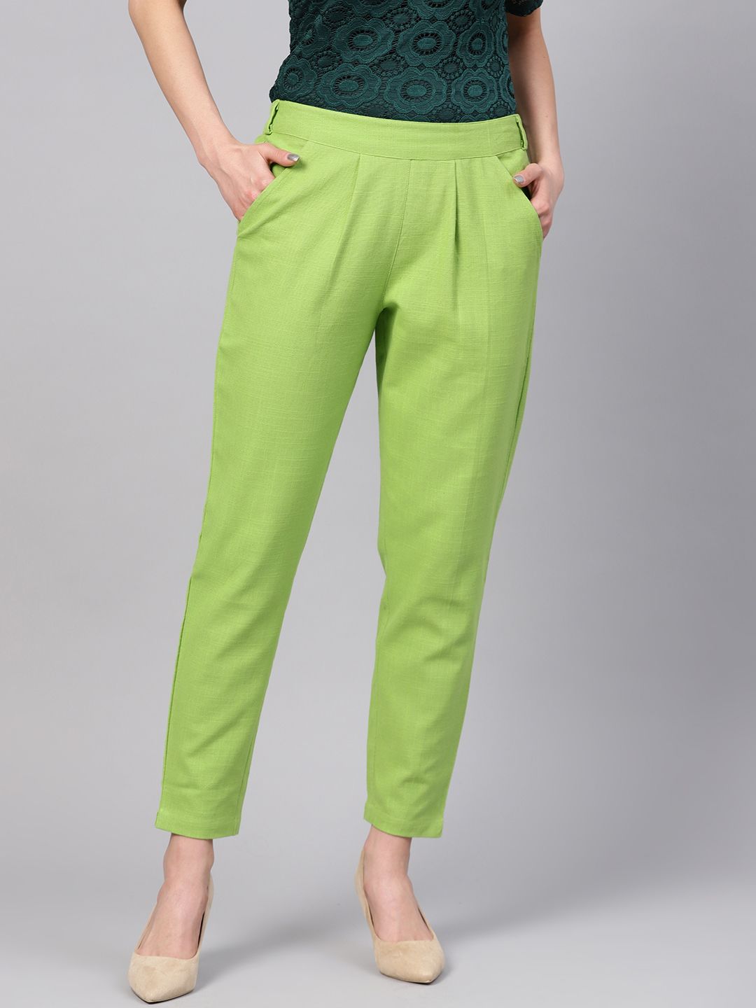 Jaipur Kurti Women Green Regular Fit Solid Trousers Price in India