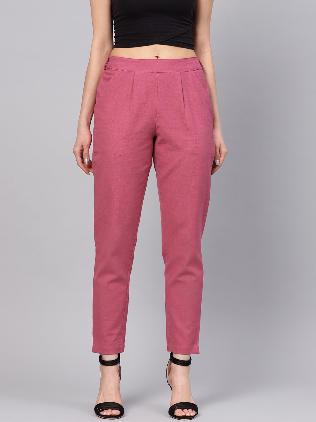 Jaipur Kurti Women Pink Regular Fit Solid Trousers Price in India