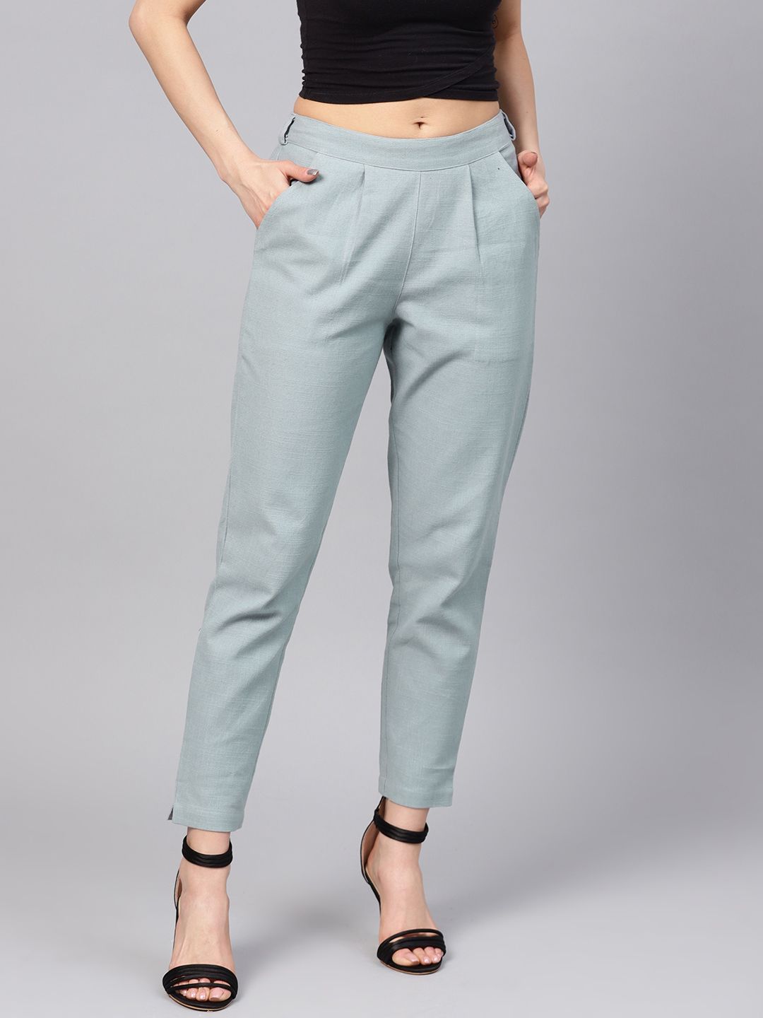 Jaipur Kurti Women Grey Regular Fit Solid Trousers Price in India