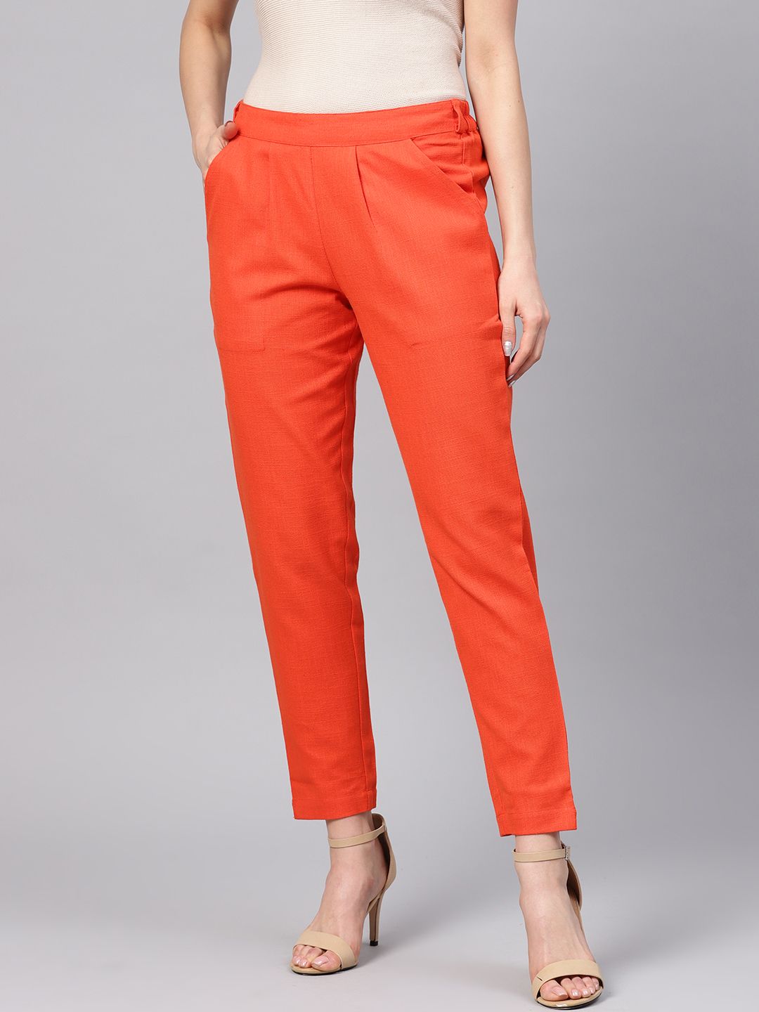 Jaipur Kurti Women Orange Regular Fit Solid Trousers Price in India