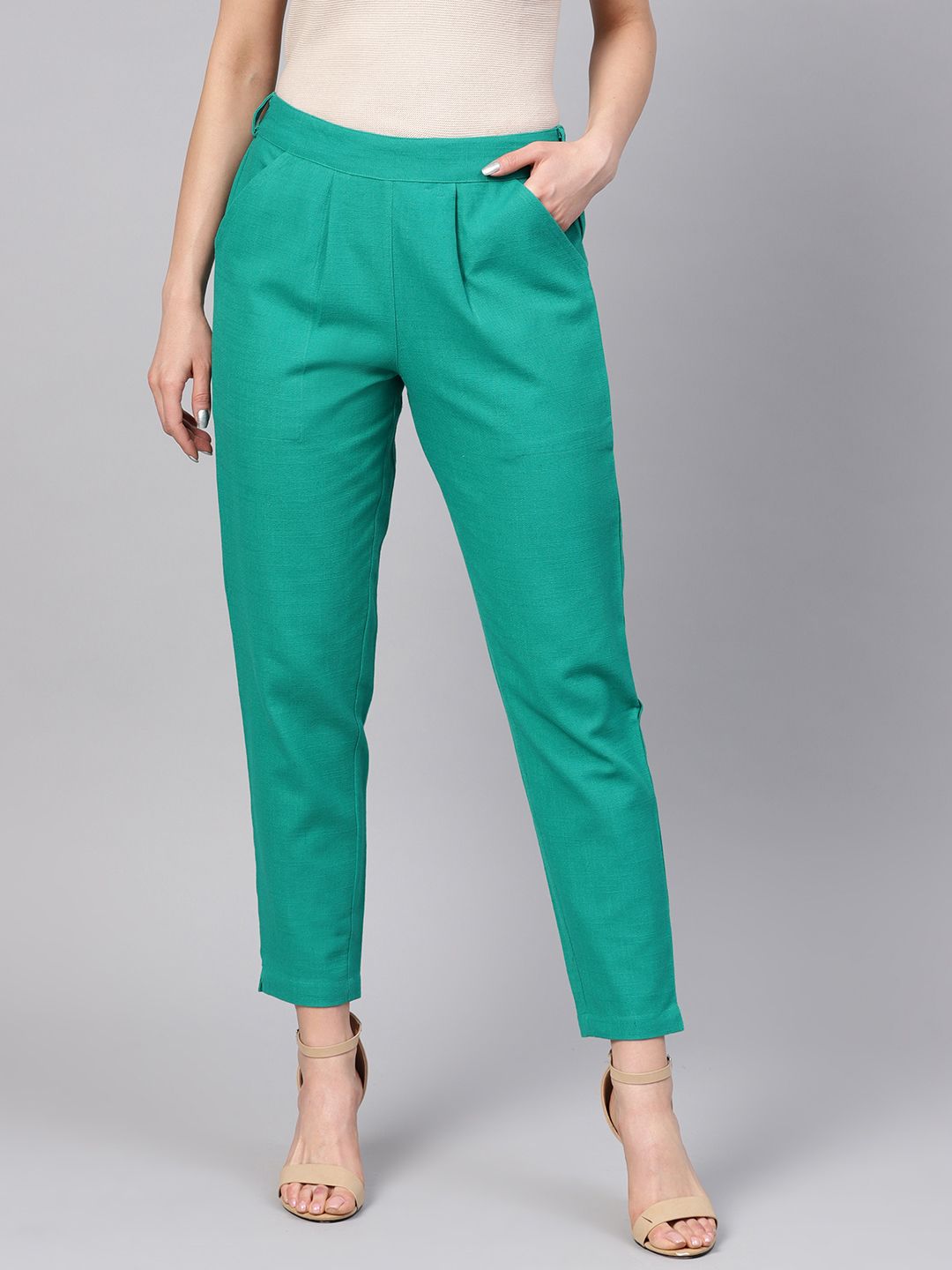 Jaipur Kurti Women Green Regular Fit Solid Trousers Price in India