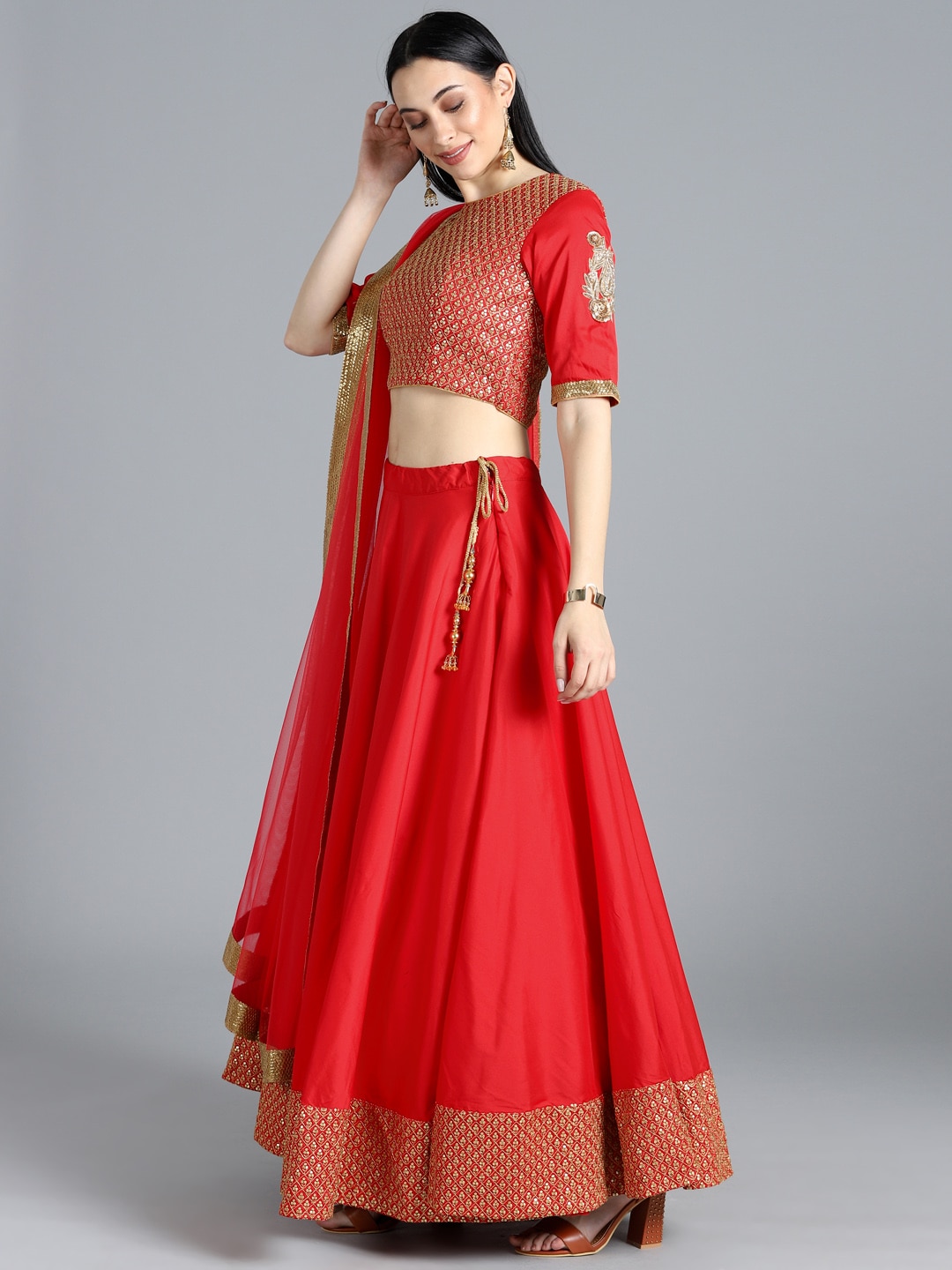 EthnoVogue Women Red Embellished Made to Measure Lehenga & Blouse With Dupatta Price in India