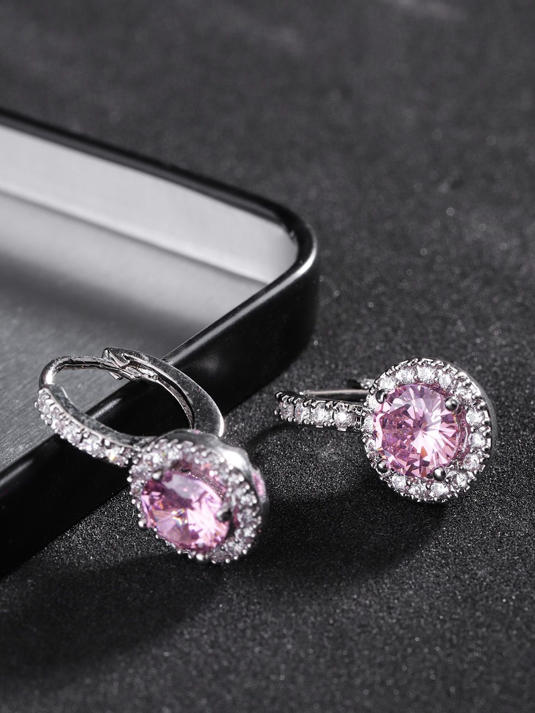 Carlton London Silver-Toned & Pink Rhodium-Plated CZ Studded Circular Hoop Earrings Price in India