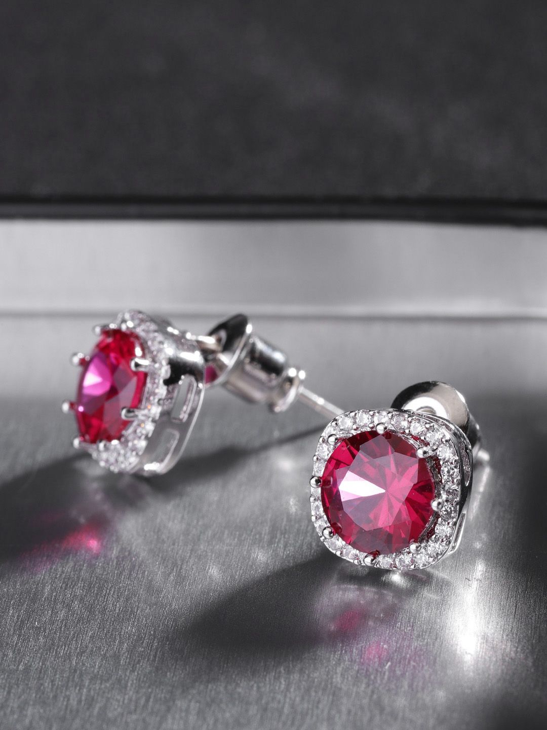 Carlton London Silver-Toned & Red Rhodium-Plated CZ Studded Square Studs Price in India