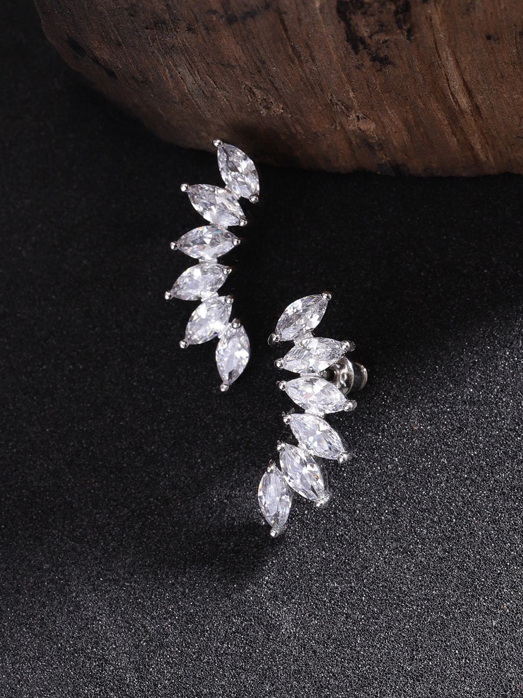 Carlton London Silver-Toned Rhodium-Plated CZ Studded Contemporary Drop Earrings Price in India