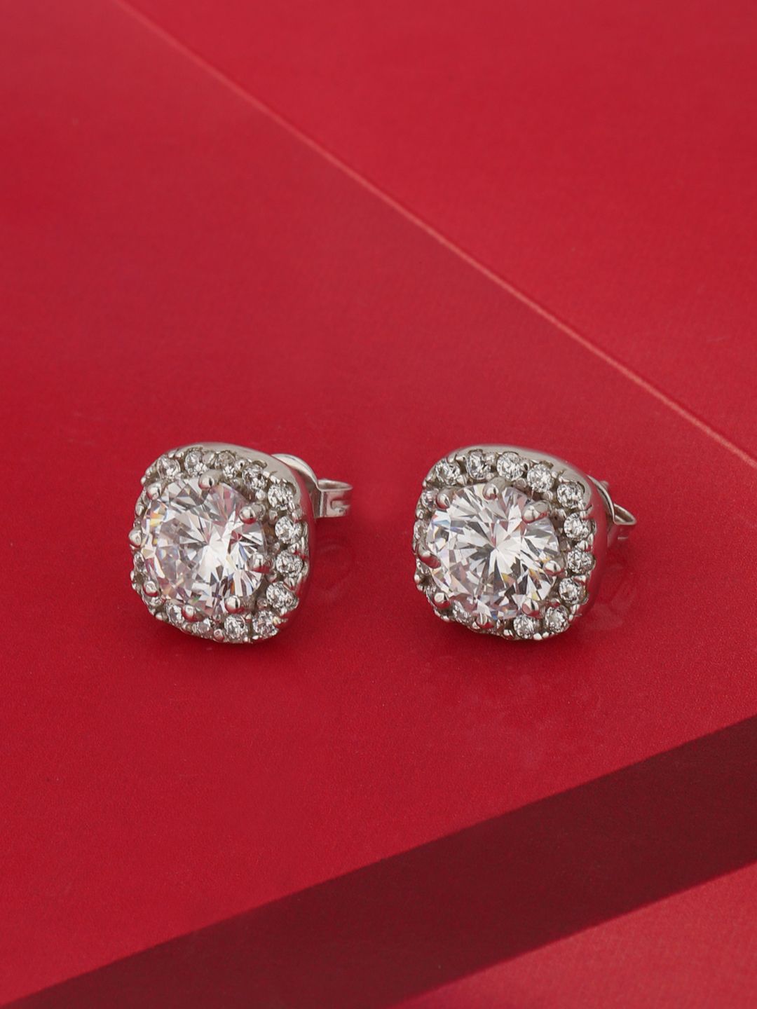 Carlton London Silver-Toned Rhodium-Plated CZ Studded Geometric Studs Price in India