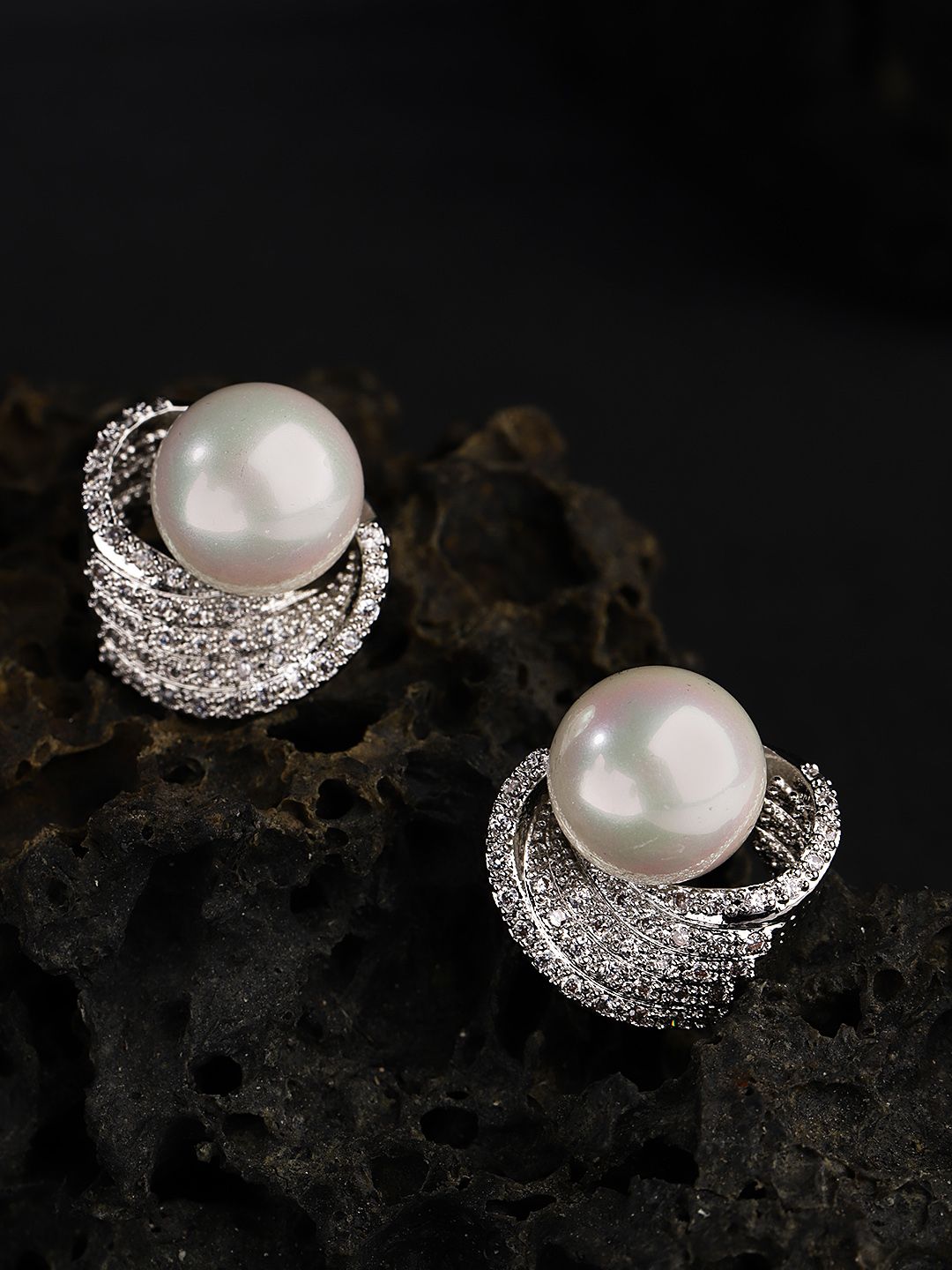Carlton London Silver-Toned & Off-White Rhodium-Plated Stone-Studded Spherical Studs Price in India