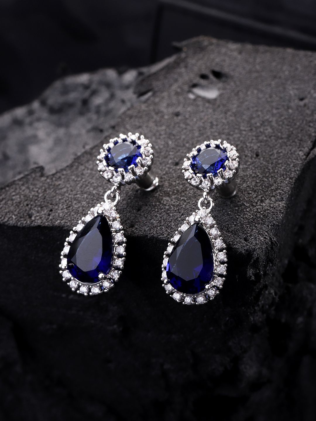 Carlton London Silver-Toned & Navy Rhodium-Plated CZ-Studded Teardrop-Shaped Drop Earrings Price in India