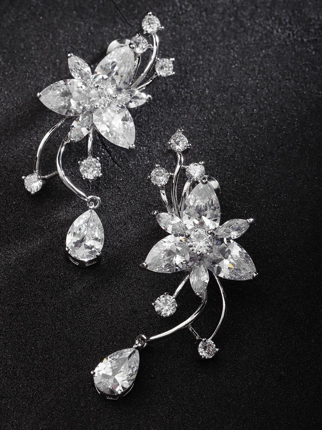 Carlton London Silver-Toned Rhodium-Plated CZ Stone-Studded Floral Drop Earrings Price in India