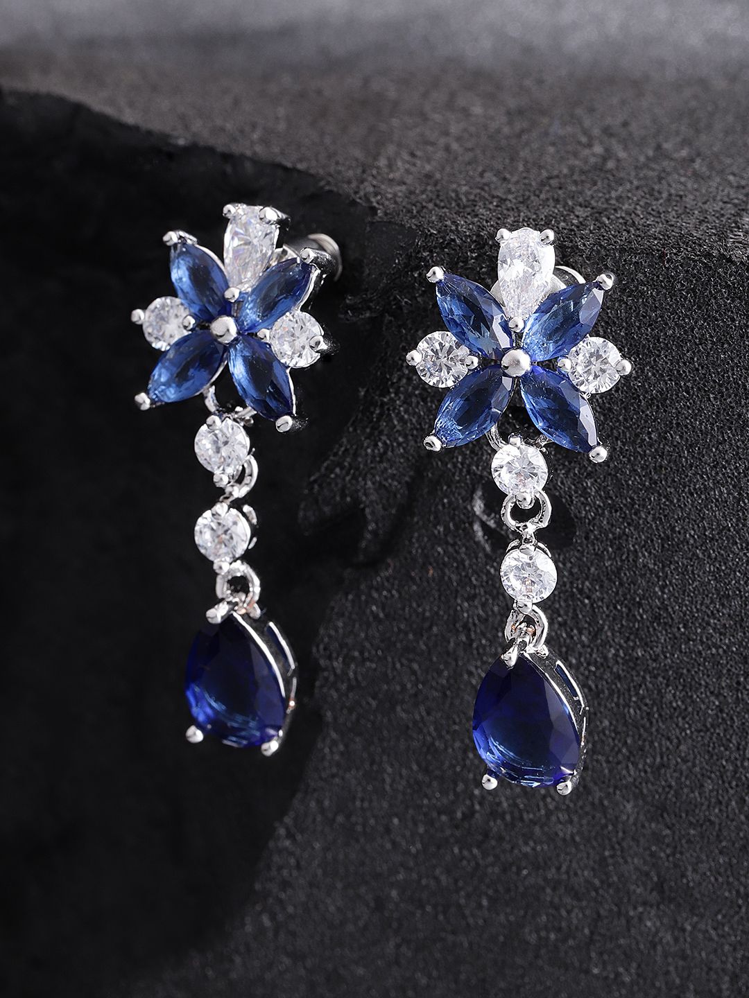 Carlton London Blue & Silver-Toned Rhodium Plated CZ Studded Floral Drop Earrings Price in India