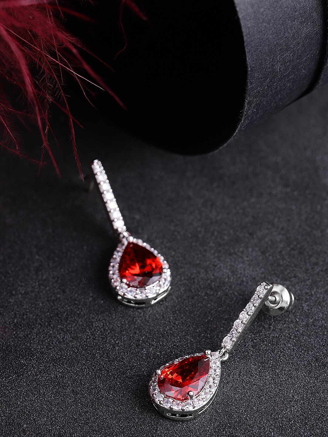 Carlton London Silver-Toned & Red Rhodium-Plated Teardrop Shaped CZ Studded Drop Earrings Price in India