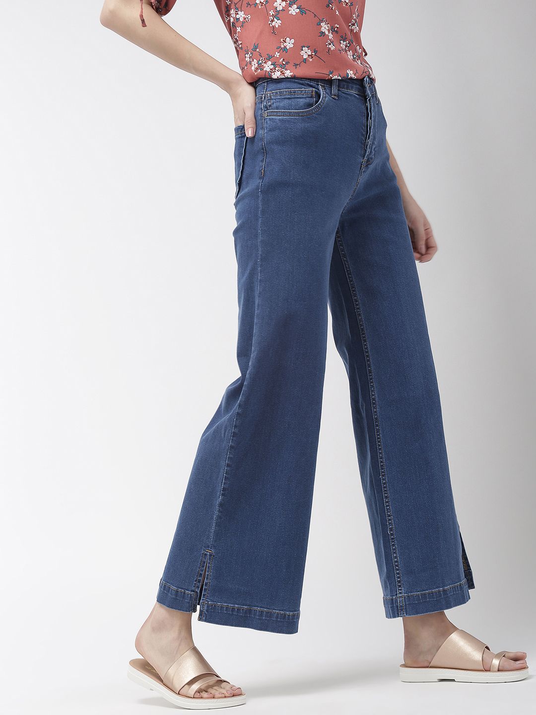 Mast & Harbour Women Blue Wide Leg Flared Mid-Rise Clean Look Jeans Price in India