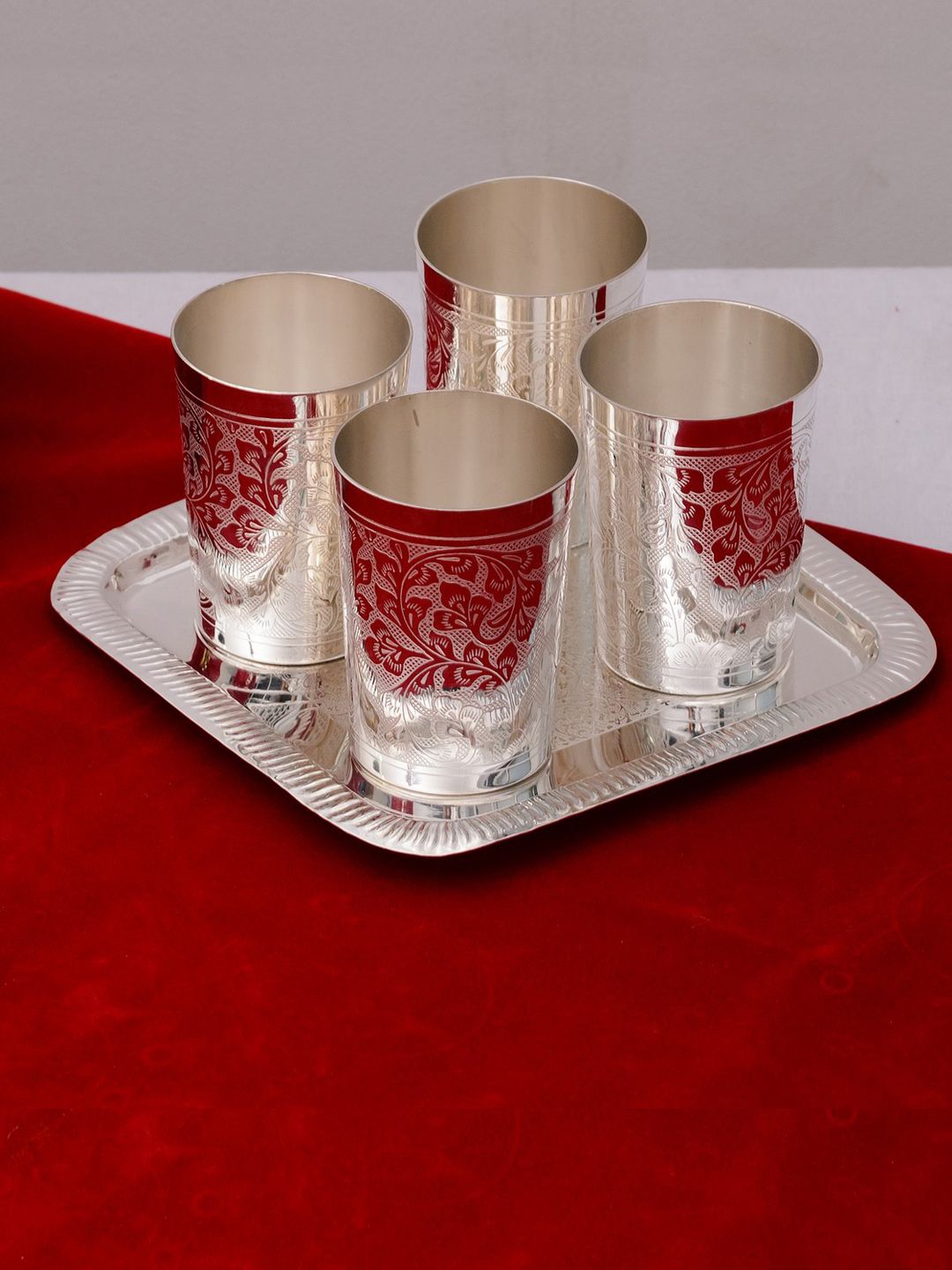eCraftIndia Set of 4 Silver-Toned Glass Set with Box Price in India