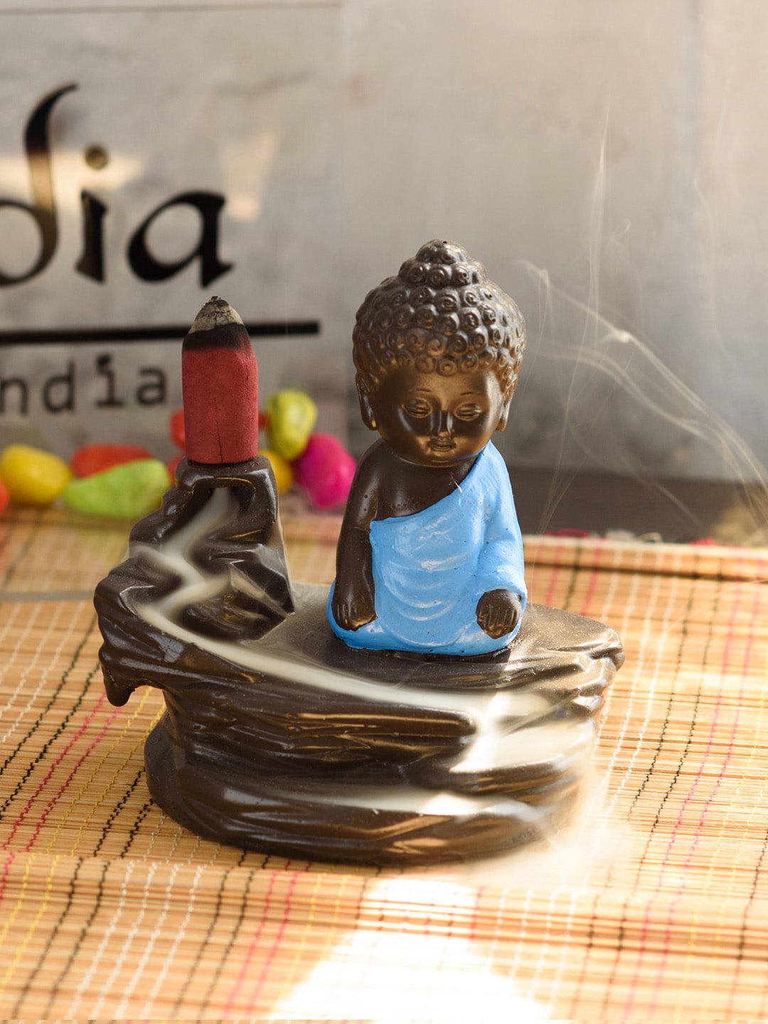 eCraftIndia Brown & Blue Meditating Monk Buddha Smoke Fountain Price in India
